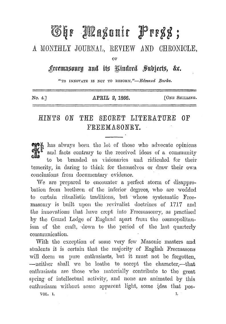 The Masonic Press: 1866-04-02 - Hints On The Secret Literature Of Freemasonry.