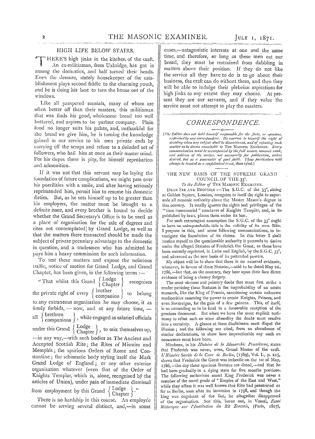 The Masonic Examiner: 1871-07-01 - Correspondence.