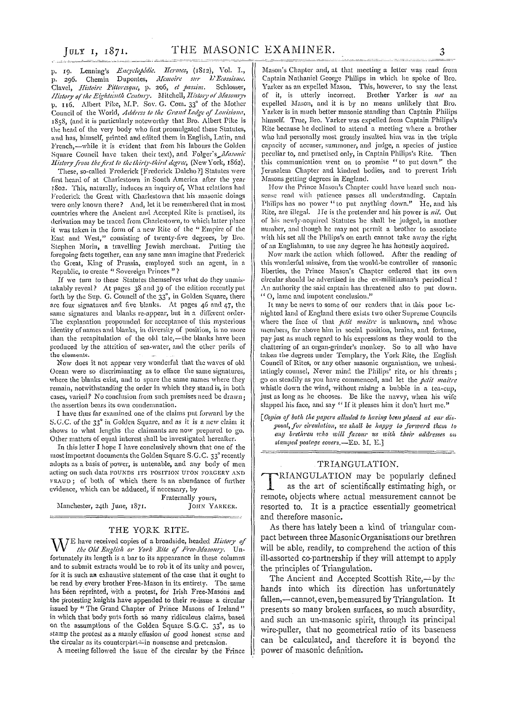 The Masonic Examiner: 1871-07-01 - Correspondence.