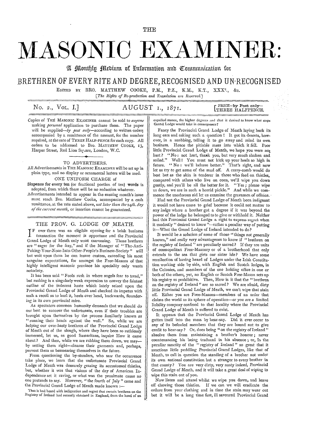 The Masonic Examiner: 1871-08-01 - The Prov. G. Lodge Of Meath.