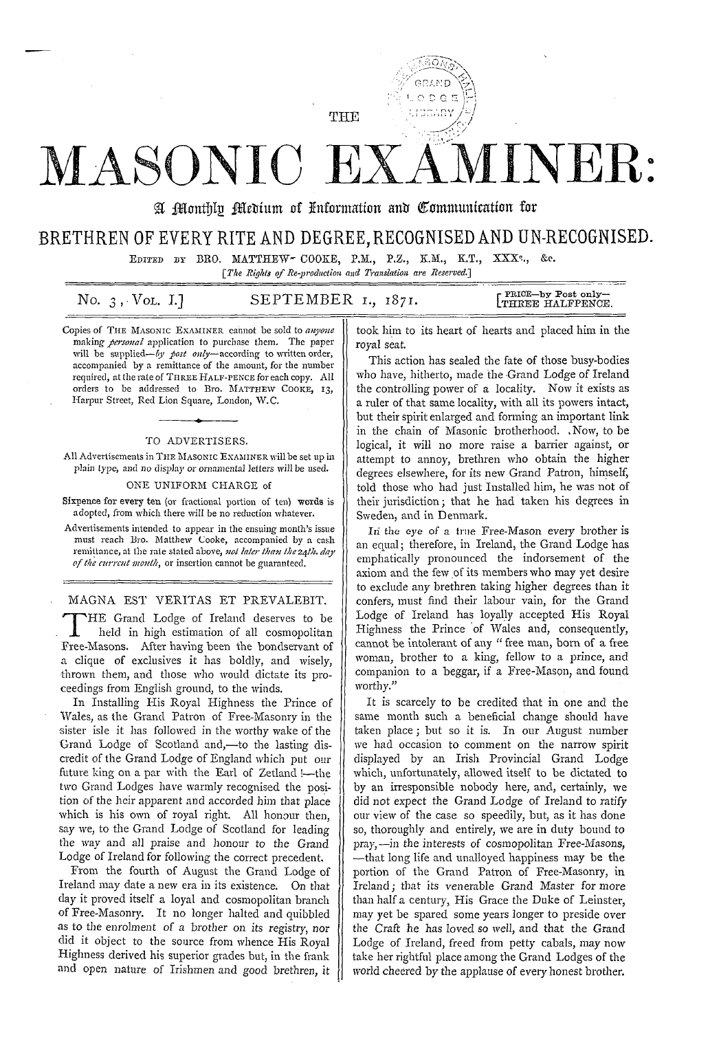 The Masonic Examiner: 1871-09-01 - Magna Est Veritas Et Prevalebit.