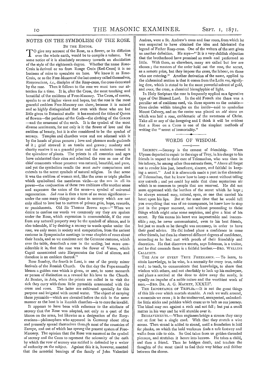 The Masonic Examiner: 1871-09-01 - Notes On The Symbolism Of The Rose.