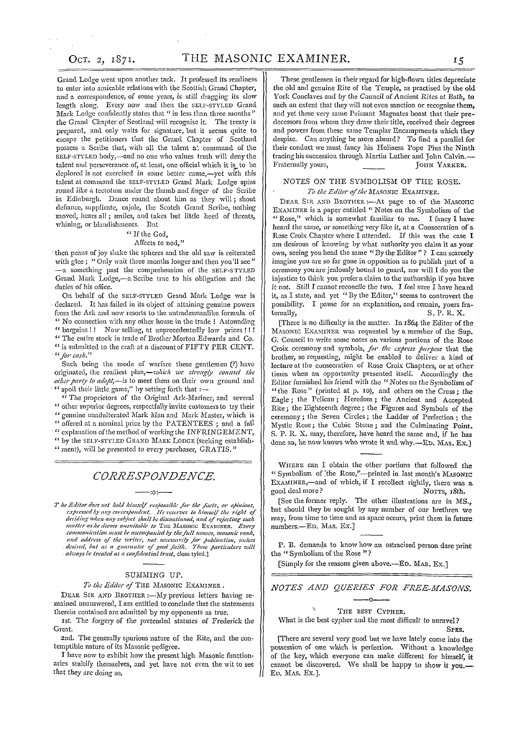 The Masonic Examiner: 1871-10-02 - Notes On The Symbolism Of The Rose.