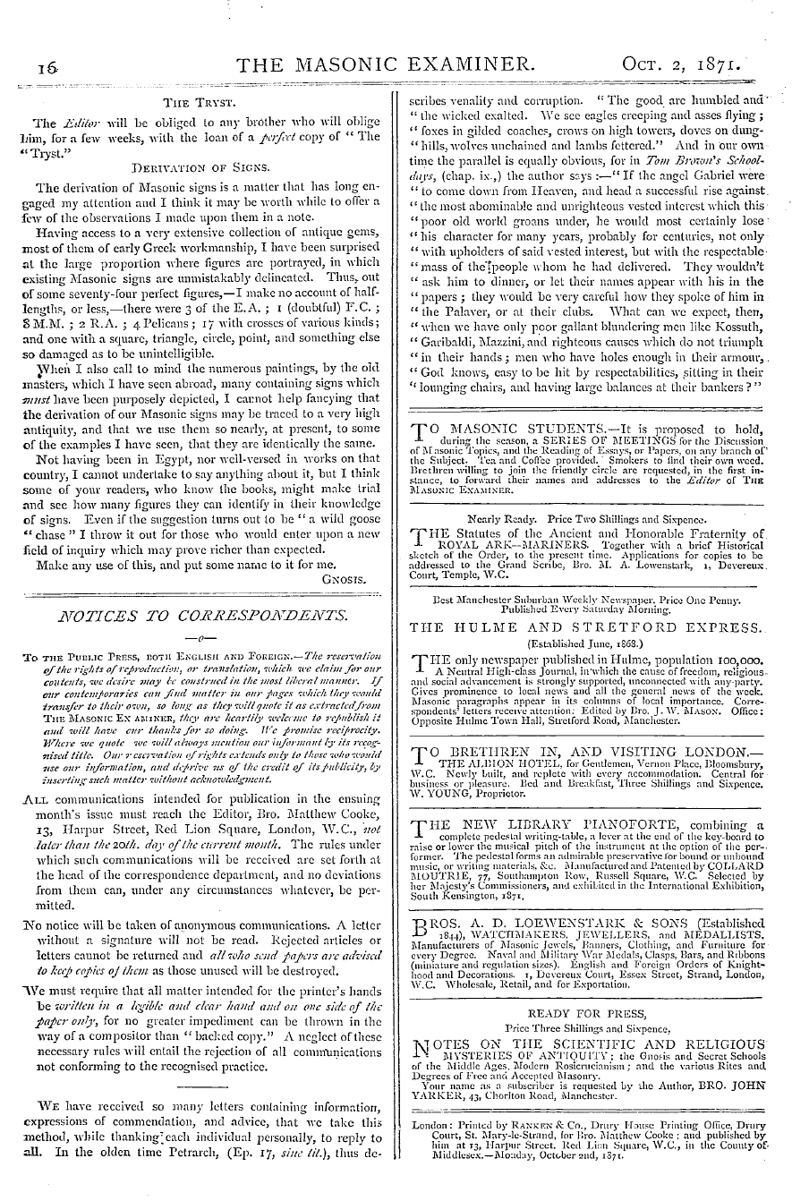 The Masonic Examiner: 1871-10-02 - Notices To Correspondents.