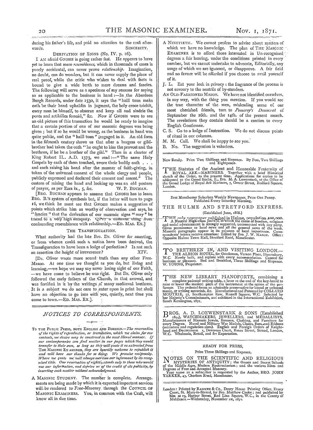 The Masonic Examiner: 1871-11-01 - Notices To Correspondents.