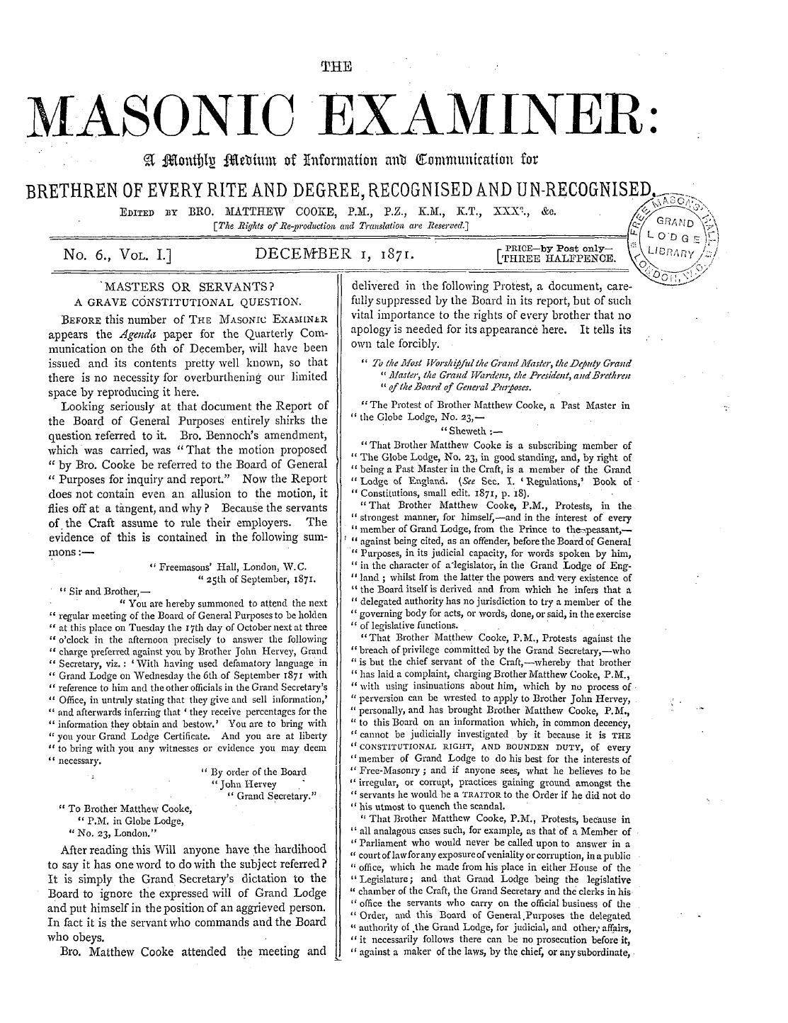 The Masonic Examiner: 1871-12-01 - Masters Or Servants?