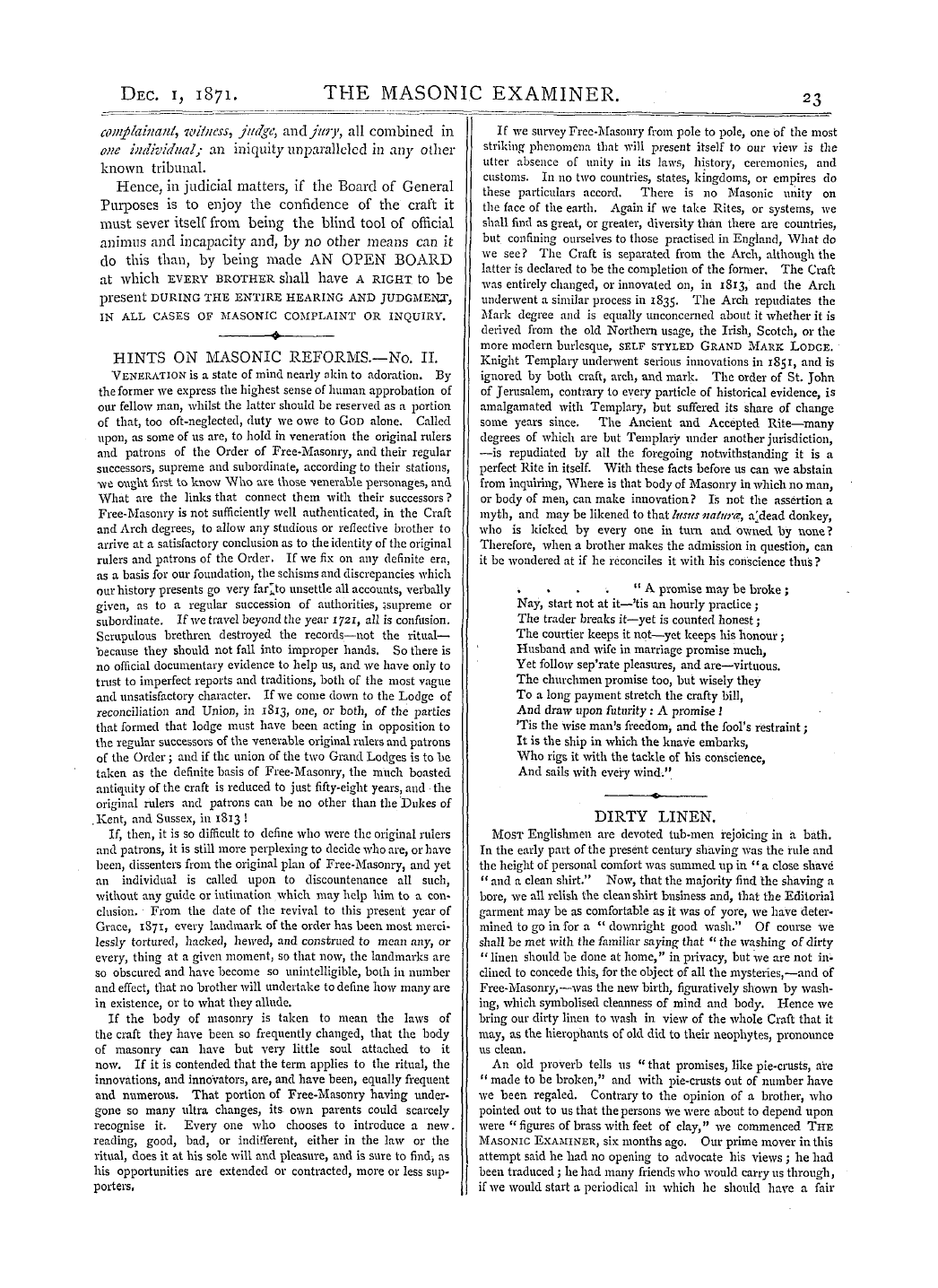 The Masonic Examiner: 1871-12-01 - Hints On Masonic Reforms.—No. Ii.